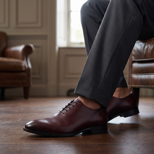 Aryaki Wholecut Oxford Plain men's dress shoe in burgundy leather with black laces and a black sole.