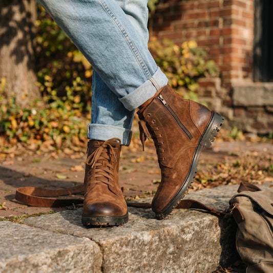 Aryaki men's rust brown suede lace-up ankle boots with side zipper detail.
