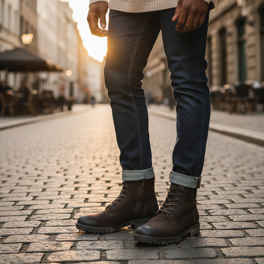 Aryaki Ridgecraft Umber brown suede lace-up combat boots with side zipper and lug sole.