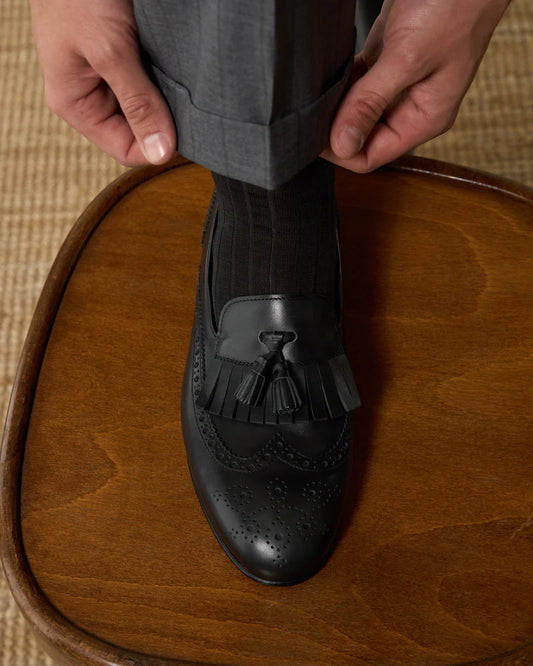 Classic Black Leather Tassel Brogue Loafers