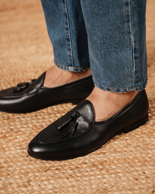 Black Pebbled Leather Tassel Loafers