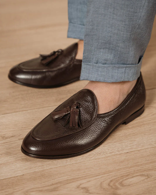 Dark Brown Pebble Grain Leather Tassel Loafers