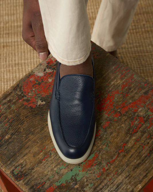 Navy Pebbled Leather Slip-On Loafers