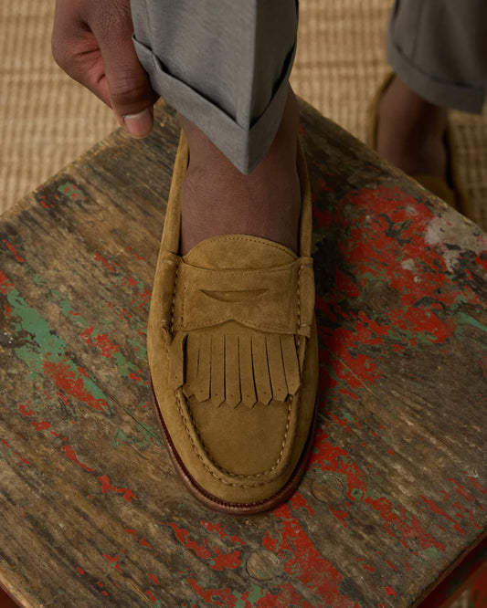 Sand Suede Kiltie Penny Loafers