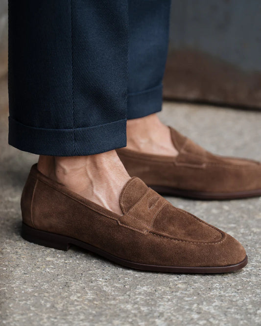 Mocha Brown Suede Penny Loafers