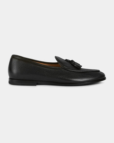 Black Pebbled Leather Tassel Loafers