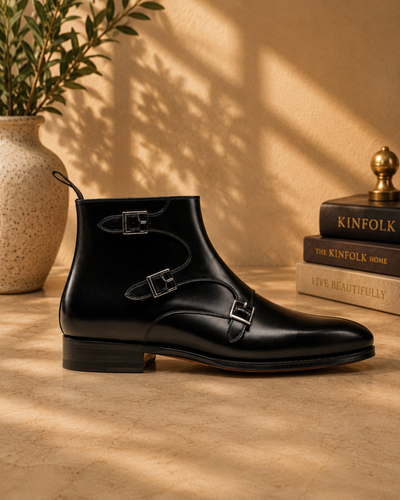 BLACK MONK STRAP BOOTS