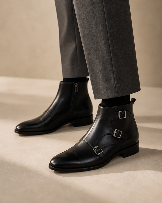 BLACK MONK STRAP BOOTS