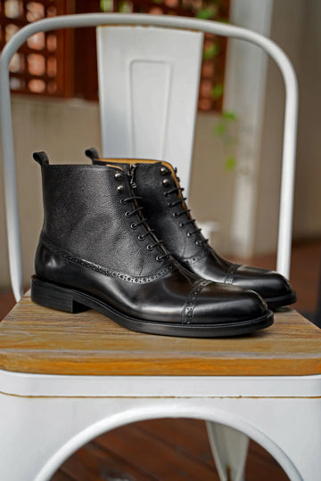 Black Brogue Cap-Toe Leather Lace-Up Boots