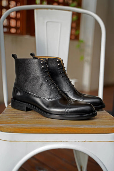 Black Brogue Cap-Toe Leather Lace-Up Boots