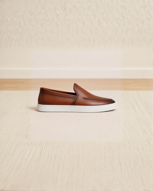 BROWN LEATHER SLIP-ON SNEAKER LOAFERS