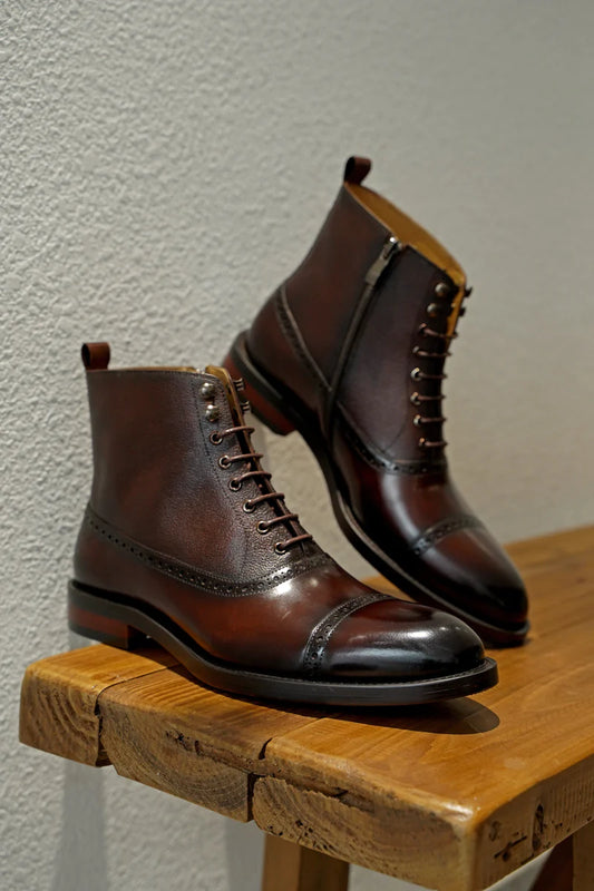 Antique Brown Brogue Cap-Toe Leather Boots