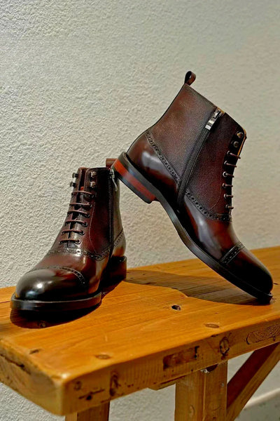 Antique Brown Brogue Cap-Toe Leather Boots