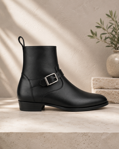 Black Calfskin Leather Jodhpur Boots – Handmade Luxury Buckle Ankle Boots