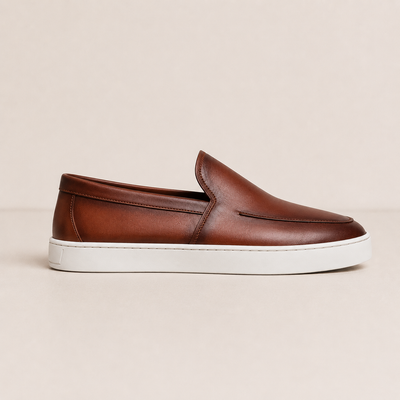 BROWN LEATHER SLIP-ON SNEAKER LOAFERS