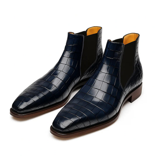 Navy Croc-Embossed Chelsea Boots