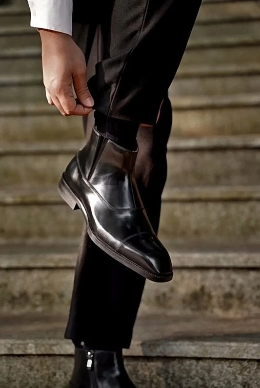 Black Side-Zip Leather Dress Boots