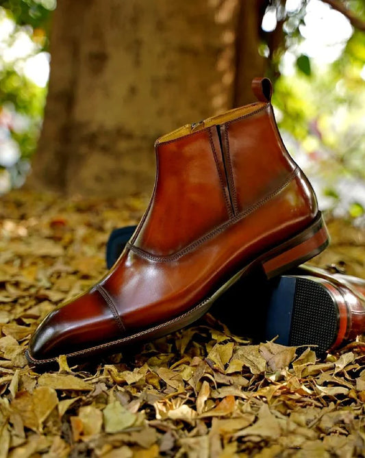 Cognac Brown Side-Zip Leather Dress Boots