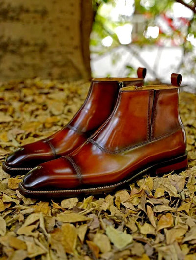 Cognac Brown Side-Zip Leather Dress Boots