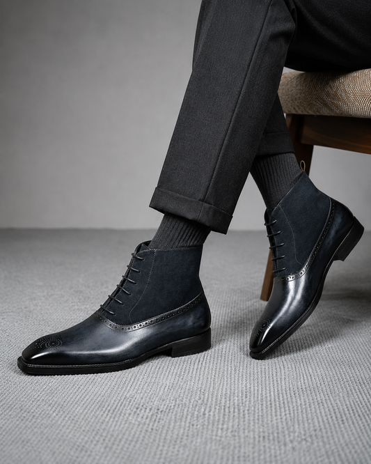 GREY SLICE TOE LACE BOOTS WITH SUEDE