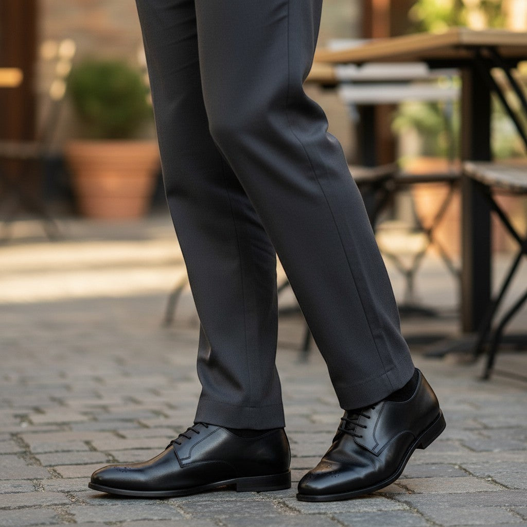 Aryaki Flower Derby black leather oxford shoes with brogue detailing on the toe and a lace-up closure.
