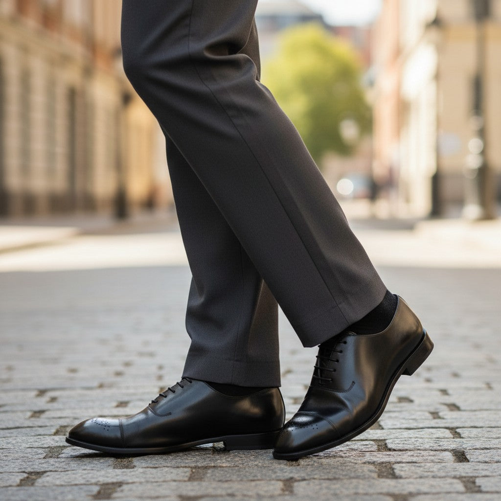 Aryaki black leather wholecut oxford dress shoe with brogue detailing on the toe.