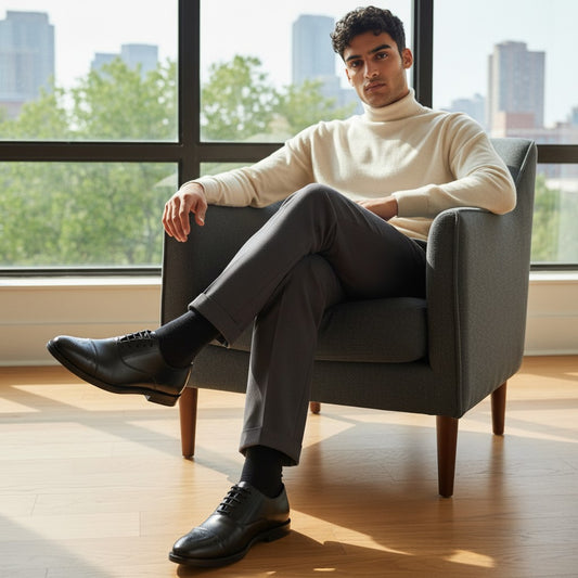 Aryaki black leather cap-toe oxford dress shoe with brogue detailing on the toe.
