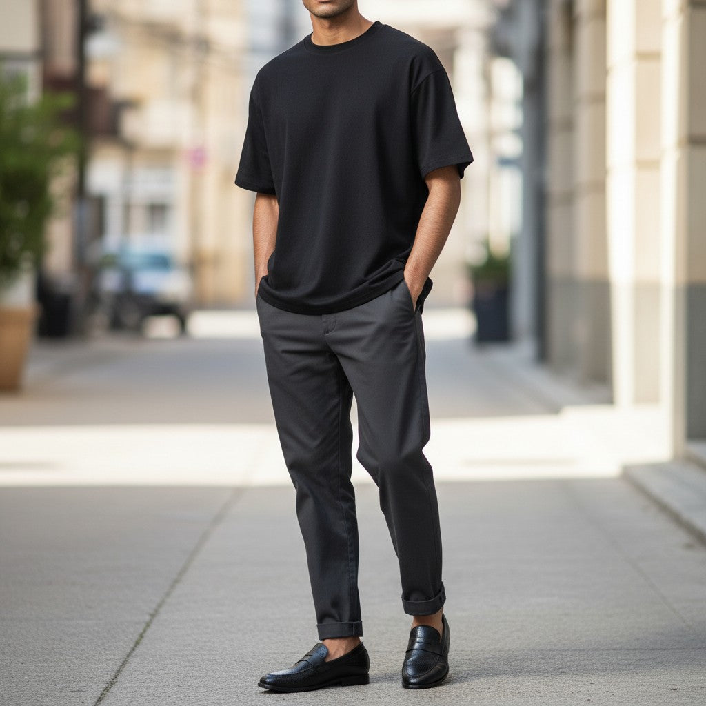 Aryaki black leather penny loafers with perforated detailing and a classic strap across the vamp.