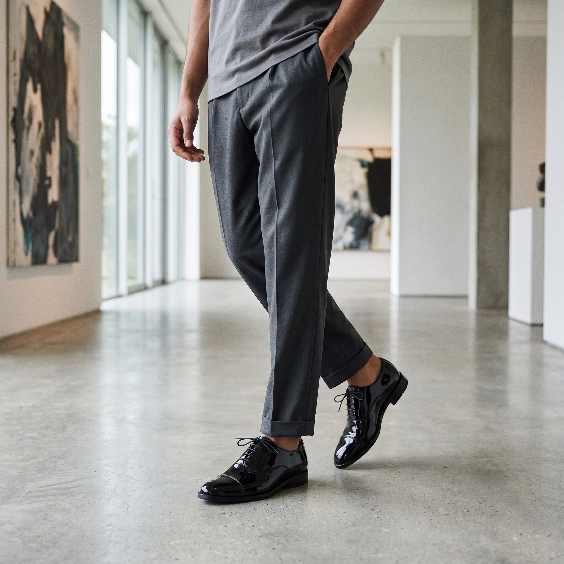 Aryaki black patent leather cap toe oxford dress shoes with lace-up closure.