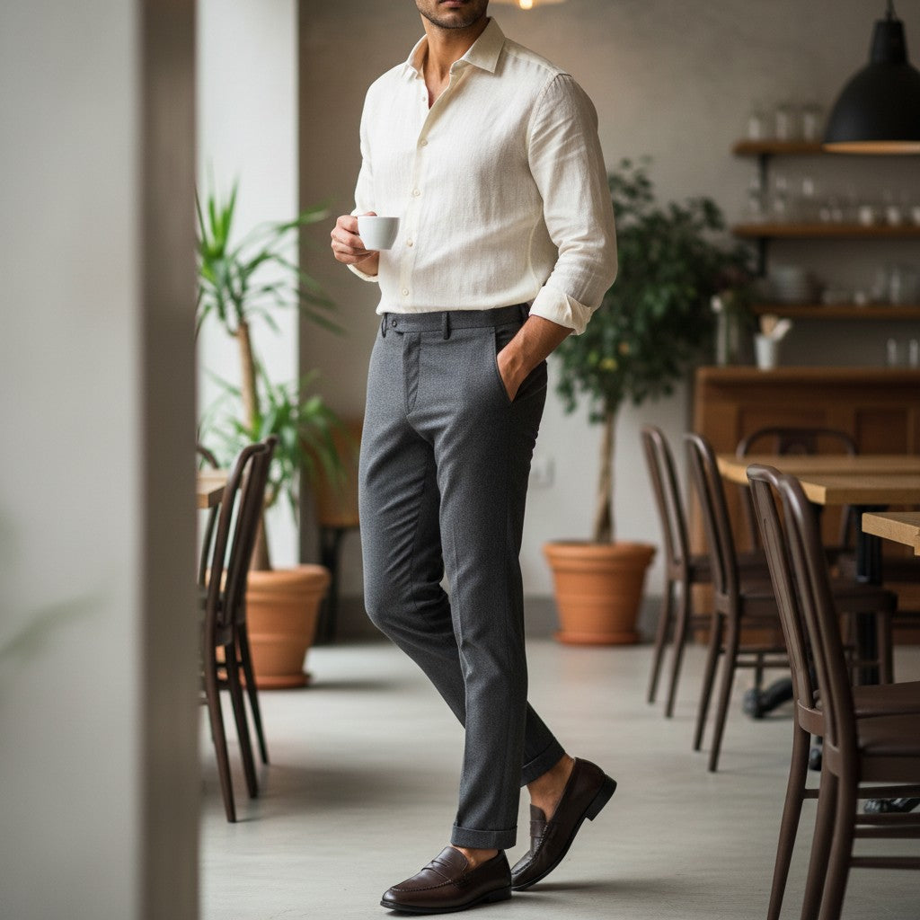 Aryaki Verno men's dark brown leather penny loafer with stitched detailing and a low heel.