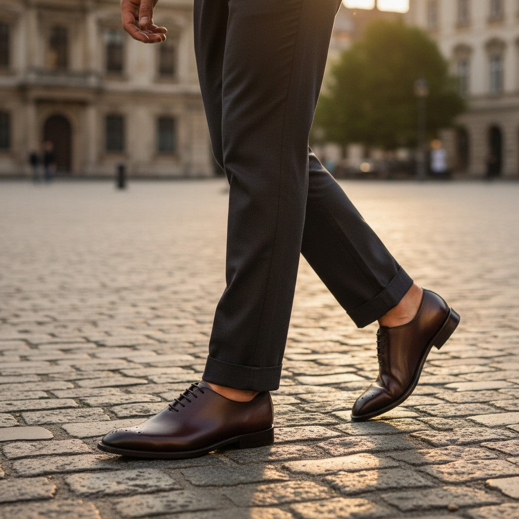 Aryaki dark brown leather wholecut Oxford dress shoe with brogue detailing on the toe.