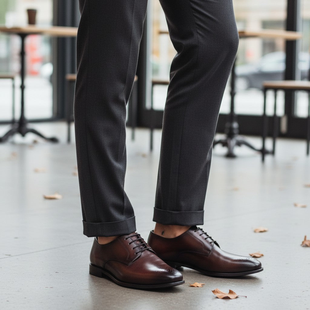 Aryaki Flower Derby brown leather dress shoe with brogue detailing and black laces.