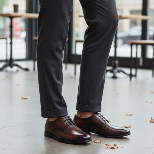 Aryaki Flower Derby brown leather dress shoe with brogue detailing and black laces.