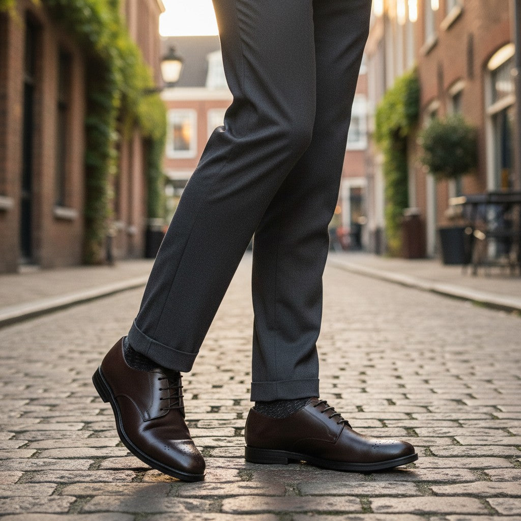 Aryaki Classic Plain-Toe Derby dress shoe in deep coffee brown leather with black laces and perforated detailing on the toe.
