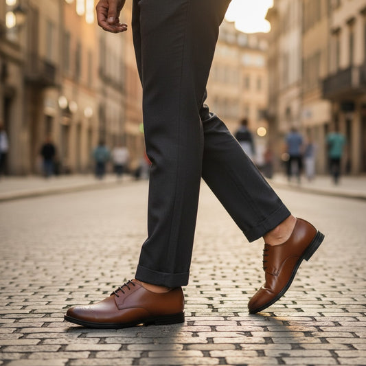 Aryaki Classic Plain-Toe Derby in tan patina leather with black laces and a black sole. Features decorative perforations on the toe.