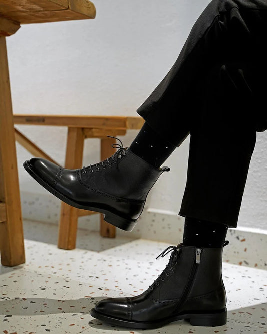 Black Brogue Cap-Toe Leather Lace-Up Boots
