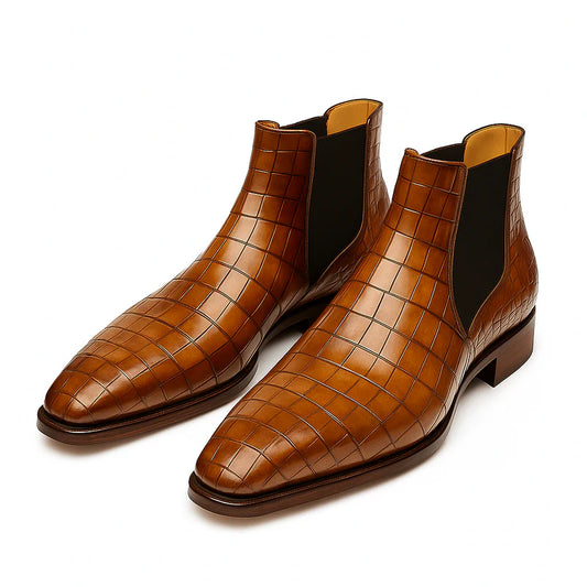 Cognac Croc-Embossed Chelsea Boots