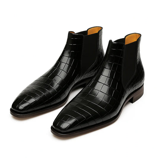 Black Croc-Embossed Chelsea Boots