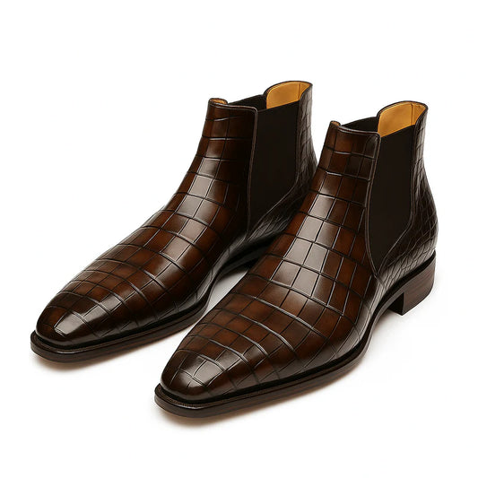Dark Brown Croc-Embossed Chelsea Boots