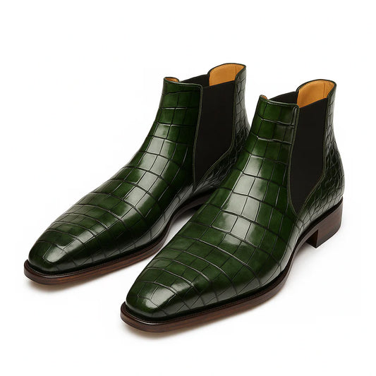 Forest Green Croc-Embossed Chelsea Boots