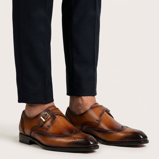 Aryaki Kensington Burnished Single Monk Wingtip Leather Shoes
