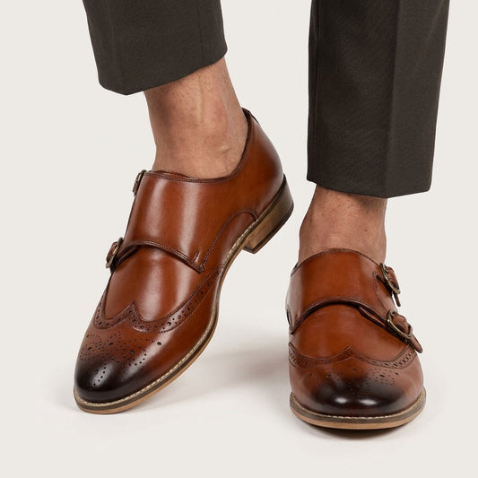 Aryaki Windsor Burnished Double Monk Wingtip Leather Shoes