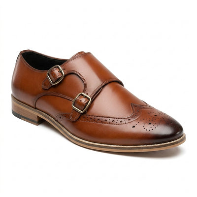 Aryaki Windsor Burnished Double Monk Wingtip Leather Shoes