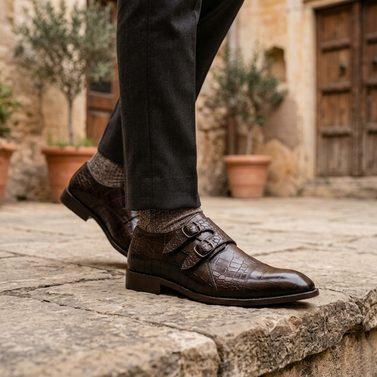Sovereign — Double Monk Strap in Croco-Embossed Leather